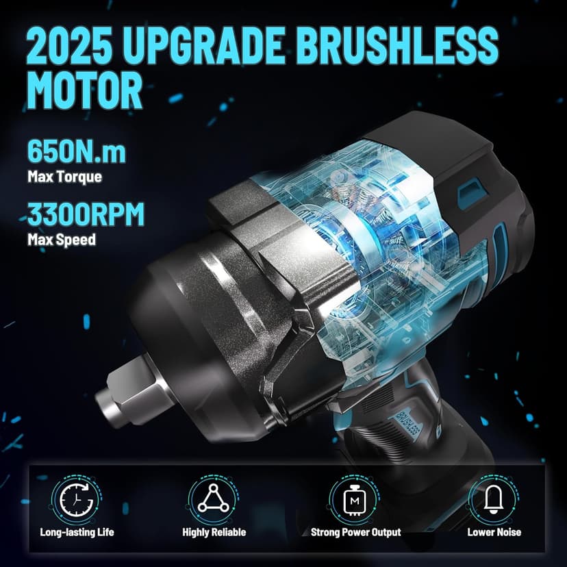 GEVEELIFE 650N.m/480Ft-lbs Brushless Impact Wrench,1/2" Cordless Impact Gun w/ 2x4.0Ah Battery & 6 Sockets, 3300RPM Power Electric Impact Driver for Car/DIY Furniture/Lawn Mower, Blue Toolbox