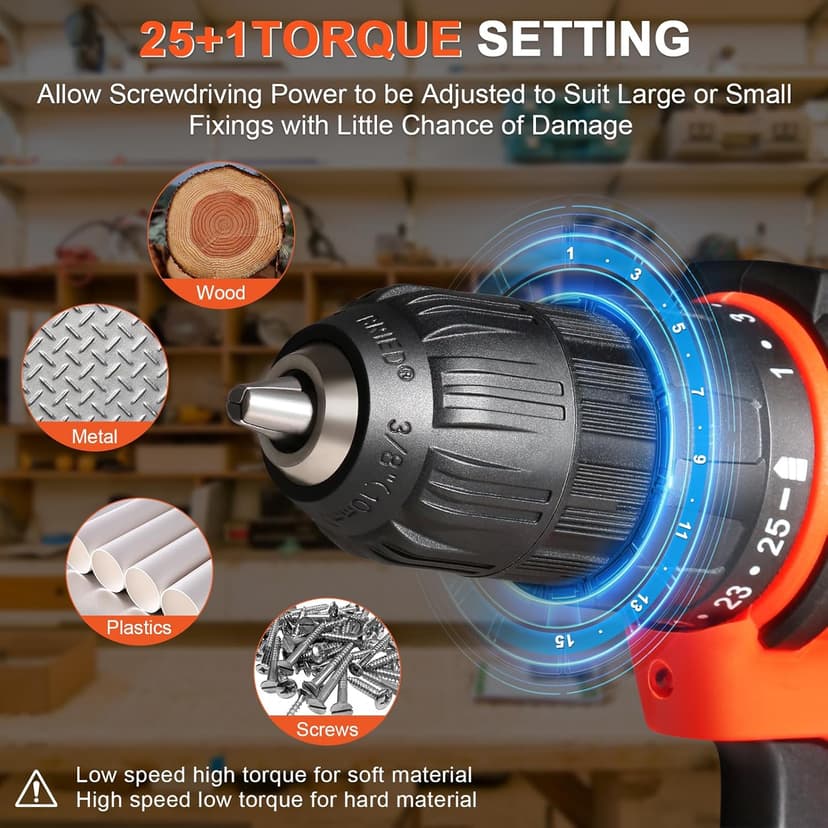 20v Drill Driver Set,Cordless Drill with Battery and Charger,LED Tools Kit,25+1 Torque Setting and 43pcs Drill Bits