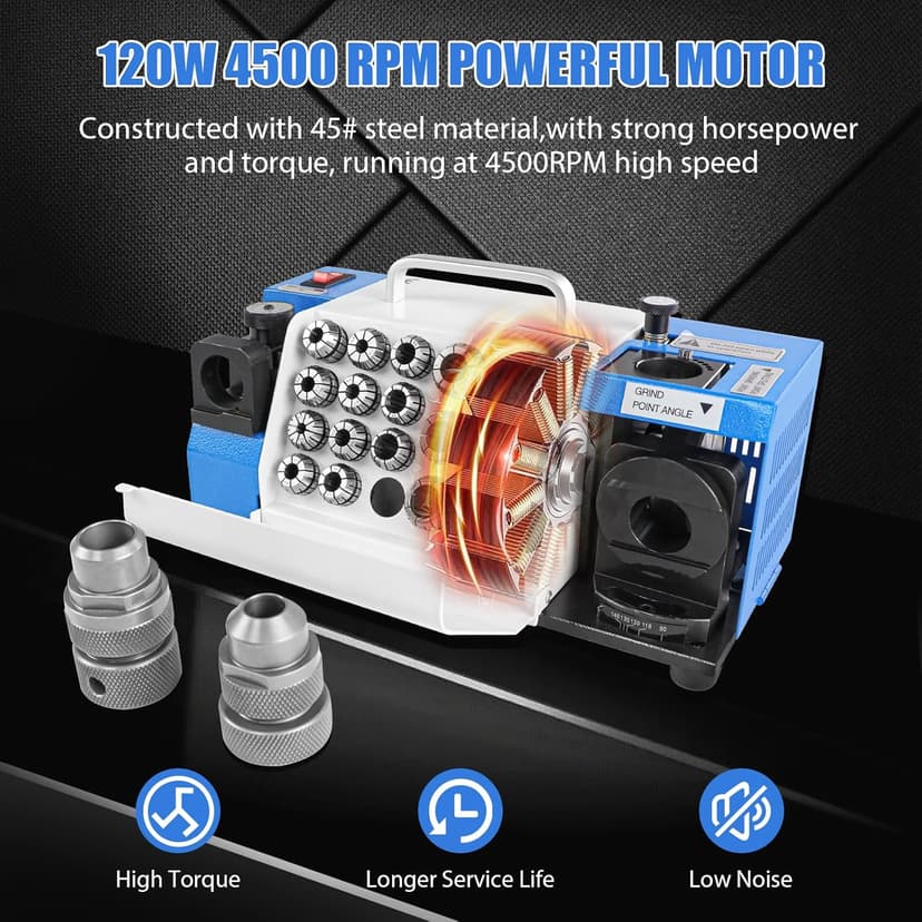 Drill Bits Sharpener, 3-20mm Drill Bit Grinding Machine, Lip Relief Angle & 95°-135° Point Angle Adjustable Drill Bit Re-Sharpener, Portable Bits Sharpening Machine with 18 Collets, CBN & SDC Wheel