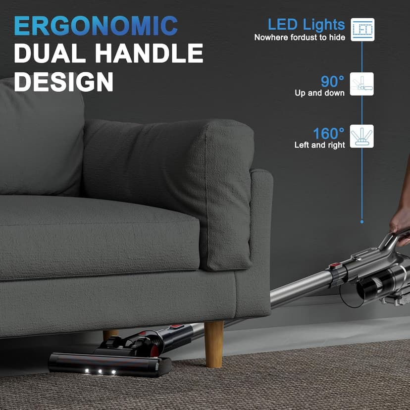 Cordless Vacuum Cleaner, Lightweight Stick Vacuum Cordless Rechargeable with LED Touch Screen, 2 Modes Powerful Suction Vacuum Cleaners for Home Pet Hair, Carpets, Hardwood Floors