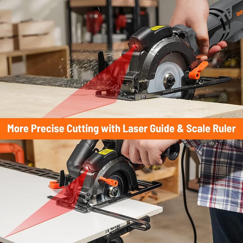 DOVAMAN Circular Saw, 5.8A 4-1/2" Circular Saw w/Laser, Metal Auxiliary Handle, 6 Blades (4½", 4¾"), Cutting Depth 1-11/16" (90°), 1-3/8" (45°), Ideal for Wood, Soft Metal, Plastic, Tile - MCS01A