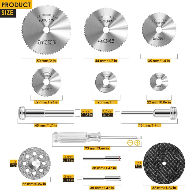 44pcs Cutting Wheel Set Compatible with Plastic for Rotary Tool, HSS Circular Saw Blades 6pcs, Resin Cutting Discs 20pcs, 545 Diamond Cutting Wheels 10psc with 2 Screwdrivers
