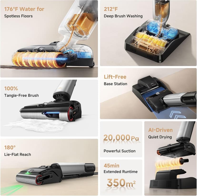 Mova X4 Pro Wet Dry Vaccum Cleaner, 20000Pa Cordless Vacuum Mop with Zero Tangle, Hot Water Mopping for Sticky Messes,194℉ Hot Air Self Drying, 180° Lie Flat, Push-In Charging Station, LED Display