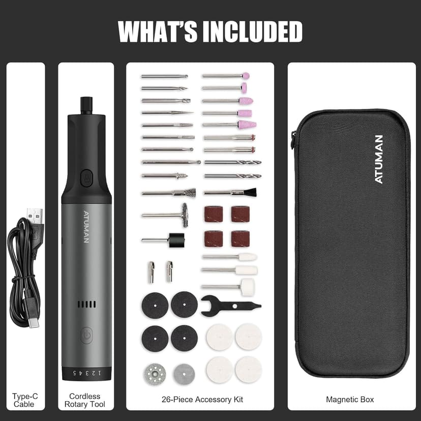 ATuMan Cordless Rotary Tool Kit, 7.2V with Higher Torque, More Powerful, 5 Speeds 10000 to 28000 RPM, with 42 Accessories, Multi Purposes, Sanding, Polishing, Drilling, Etching, Engraving, DIY Crafts
