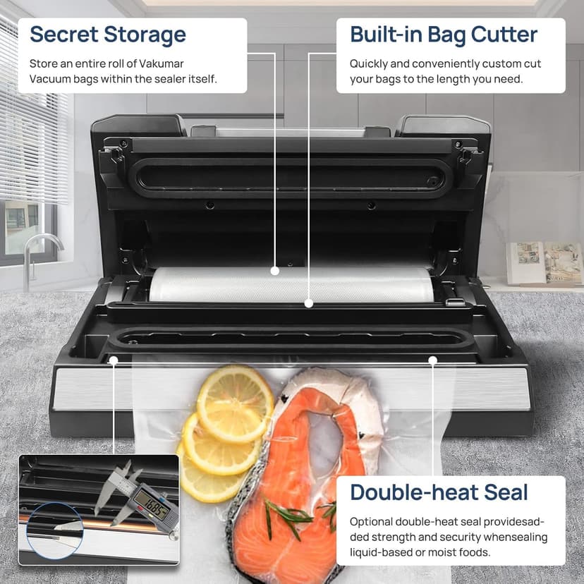 Liquid Vacuum Sealer Machine, 90Kpa Vacuum Sealer Machine Preservation Dry/Moist/Liquid Modes, LED Indicator Light, Handle Locked Design, Built-in Cutter and Bag Storage, Removable Drip Tray