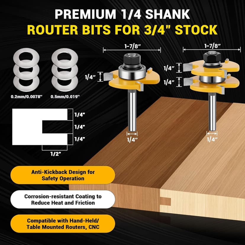 Junreox 2PCS Tongue and Groove Router Bit Set, 3rd Gen. 1/4 Shank Router Bits for 3/4" Stock, 1/2" Cutting Depth, Adjustable 3 Teeth Shaker Cabinet Door Router Bits for Woodworking, Milling, Cutting