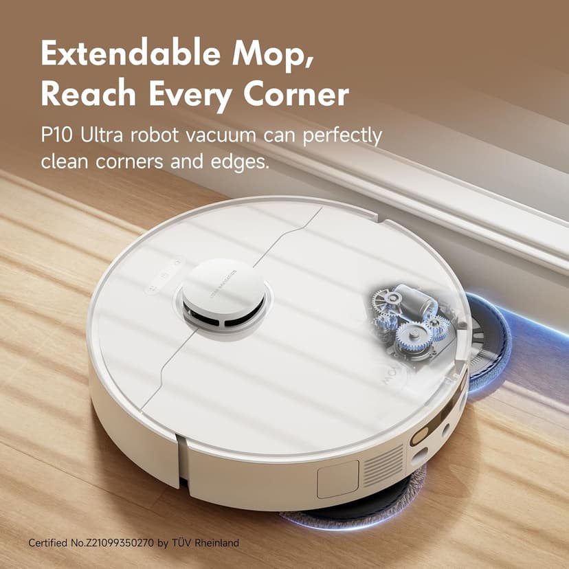 Mova P10 Ultra Robot Vacuum and Mop 8,300Pa Suction 140°F Hot Water Auto Mop Washing & Drying, Dual Spinning Extenable Clean, 10.5mm Lifting for Carpet, 360°Obstacle Avoidance, App Control