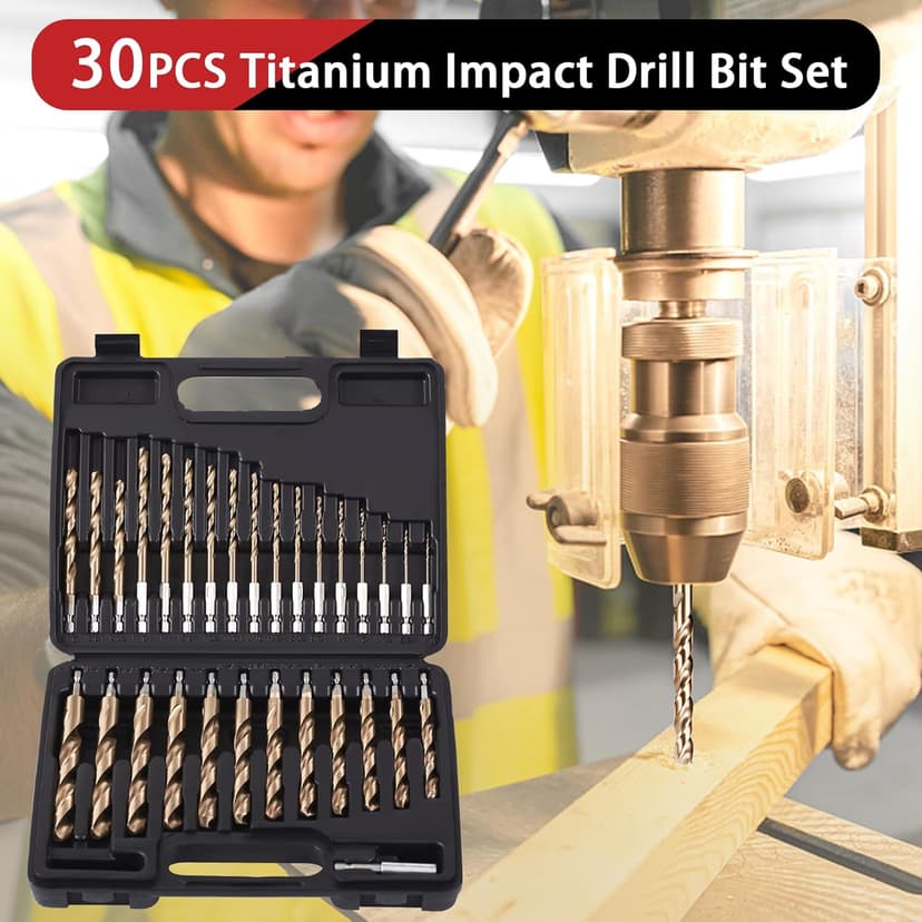 30 PCS Titanium Impact Drill Bit Set, Hex Shank Drill Bit Set for Wood, Steel, Metal, and Plastic with Quick Change Design, HSS Titanium Twist Drill Bit with Storage Case, 5/64" to 1/2"