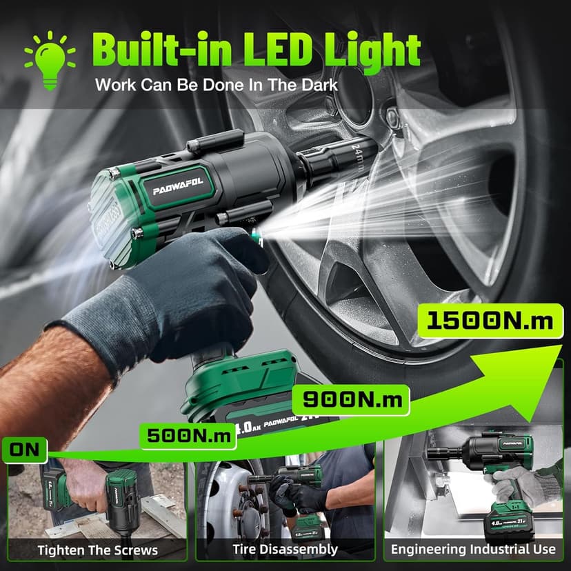 1500N.m(1106ft-lbs) Brushless Impact Wrench, High Torque 1/2" Impact Driver with 2* 21V 4.0AH Battery, Fast Charger, 5 Sockets & Storage Case, Cordless Impact Driver for Home Car Truck Tires