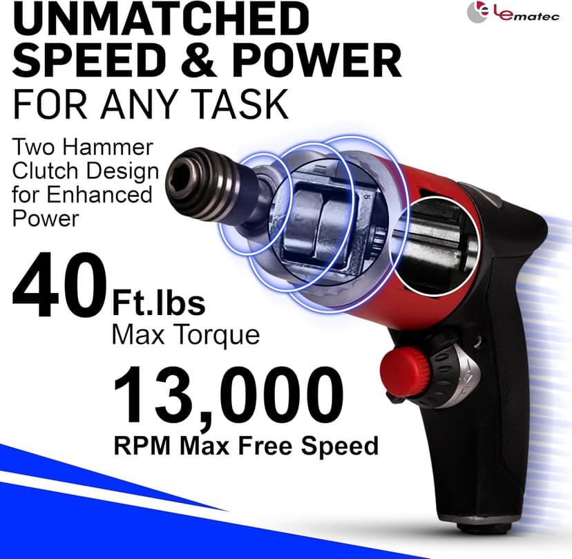 LE LEMATEC Professional Air Impact Driver - 13000 RPM Pneumatic Wrench with Twin Hammer, 40 ft-lb Torque, 1/4" NPT Compact Gun for Automotive, Furniture & Woodworking (LE-ID413)