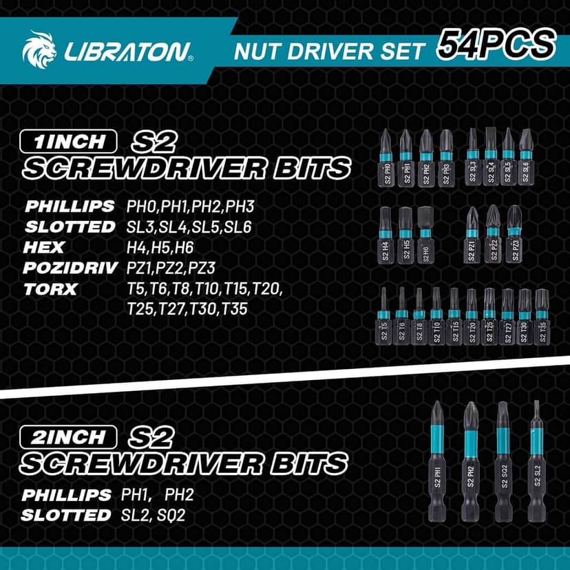 LIBRATON 54PCS Magnetic Nut Driver Set, Impact Drill Driver Bit 1/4", Metric & SAE Nut Drivers for Impact Drill, Socket Adapters, Screwdriver Bit, Quick-Release Extension, Wing Nut Driver, Storage Box