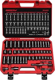 3/8" Drive Impact Socket Set - 49-Piece SAE (5/16 to 3/4 inch) and Metric (8-22mm) Sizes with Extension Bars and Universal Joint Standard & Deep CR-V Material for High Durability Impact Wrench