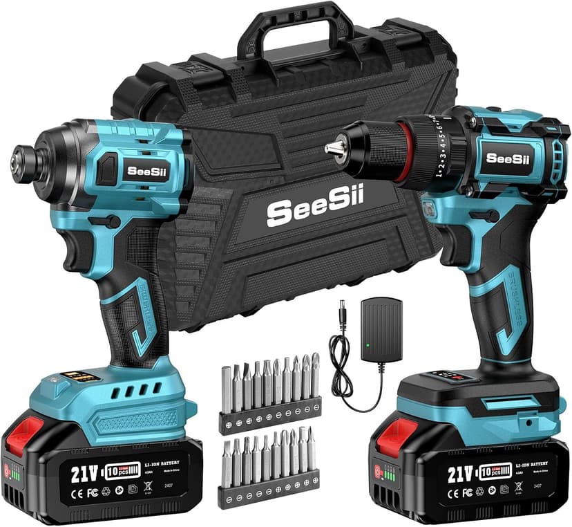 SEESII 21V Max Cordless Drill and Impact Driver, Power Tool Combo Kit Included 3/8'' Drill & 1/4'' Impact Driver, 2x 4000mAh Battery, Fast Charger, 20 pcs Driver Bit Set & Bag