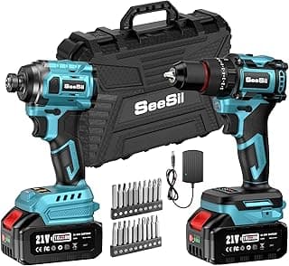 SEESII 21V Max Cordless Drill and Impact Driver, Power Tool Combo Kit Included 3/8'' Drill & 1/4'' Impact Driver, 2x 4000mAh Battery, Fast Charger, 20 pcs Driver Bit Set & Bag