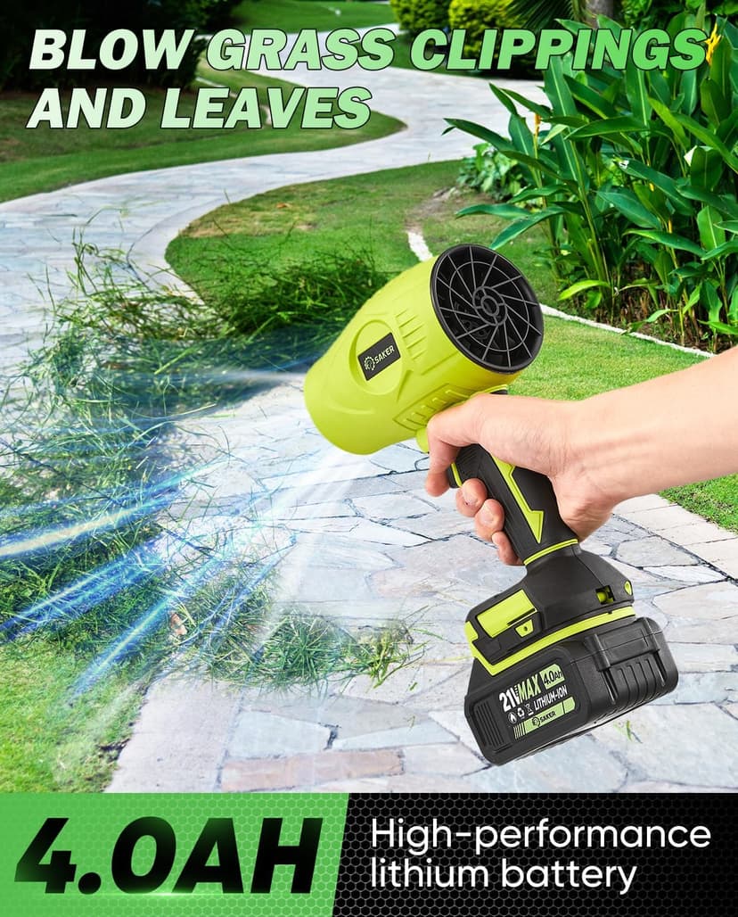 Saker Cordless Leaf Blower Handheld Turbo Jet Blower Portable Dust Cleaner 180000 RPM with Adjustable Speed for Drying Patio Cleaning Camping 2 Batteries Green with Case