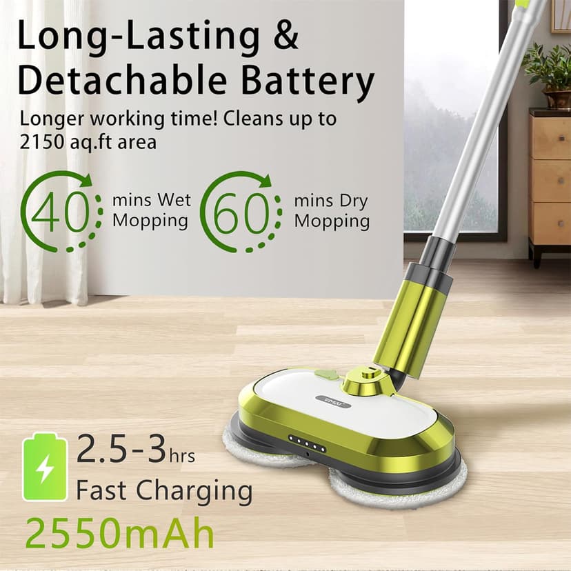 Cordless Electric Mop, Electric Spin Mop with LED Headlight and Water Spray, Up to 60 mins Powerful Floor Cleaner with 300ml Water Tank & Detachable Battery, Super Quiet Cleaning & Waxing