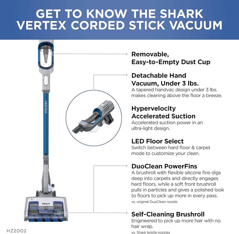Shark | Corded Stick Vacuum Cleaner | Vertex Ultralight | Removable Handheld Vacuum | Pet Hair Vacuum for Carpet and Hard Floor | Powerful Suction | No Hair Wrap | 3 Attachments Included | HZ2002