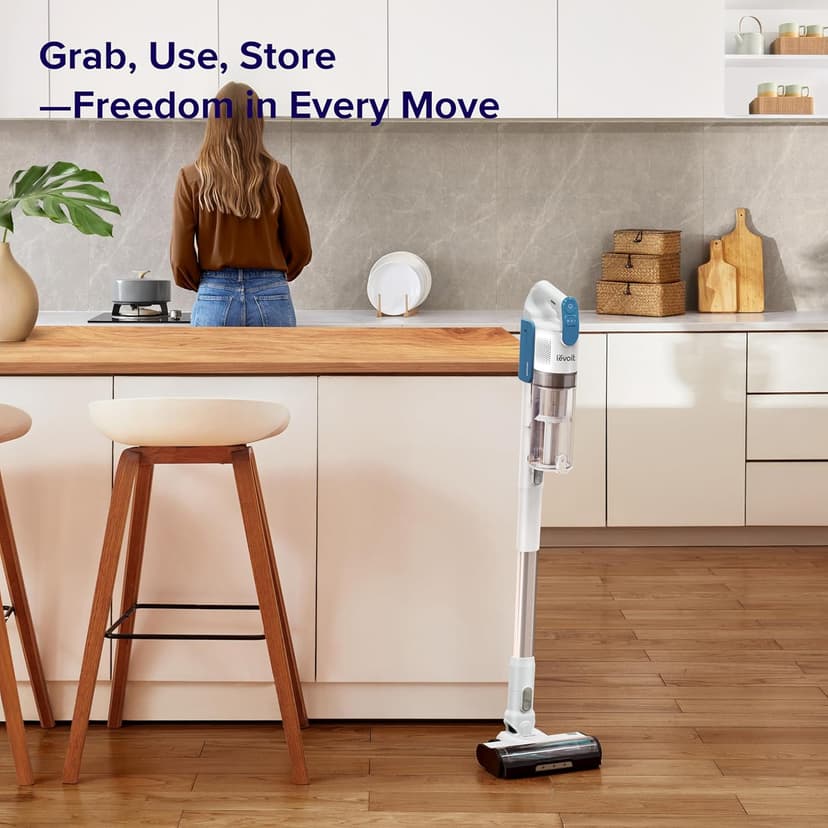 LEVOIT Cordless Vacuum Cleaner, Stick Vac with Tangle-Resistant Design, Up to 50 Minutes, Powerful Suction, Rechargeable, Lightweight, and Versatile for Carpet, Hard Floor, Pet Hair, White＆Blue