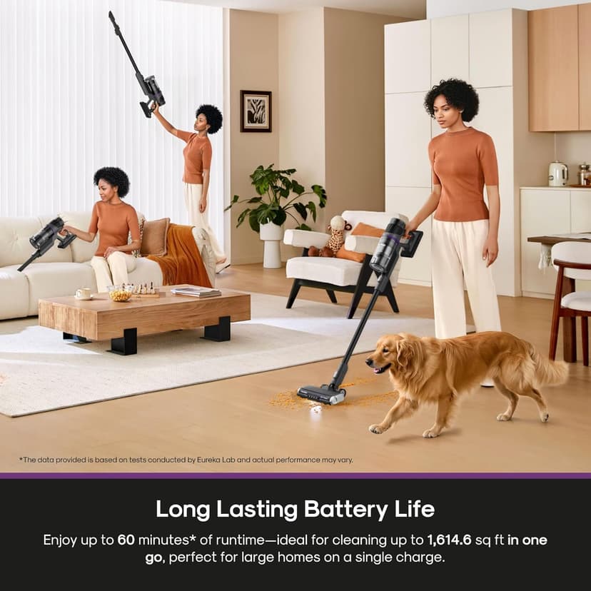 Eureka Cordless Stick Vacuum Cleaner, 350W Suction, 60-Min Runtime, Anti-Tangle Brushroll, Intelligent Sensing Technology, Rechargeable, Ideal for Pet Hair, HardFloors & Carpets, ReactiSense 440