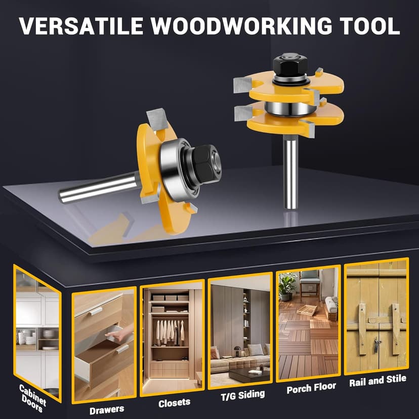 Junreox 2PCS Tongue and Groove Router Bit Set, 3rd Gen. 1/4 Shank Router Bits for 3/4" Stock, 1/2" Cutting Depth, Adjustable 3 Teeth Shaker Cabinet Door Router Bits for Woodworking, Milling, Cutting