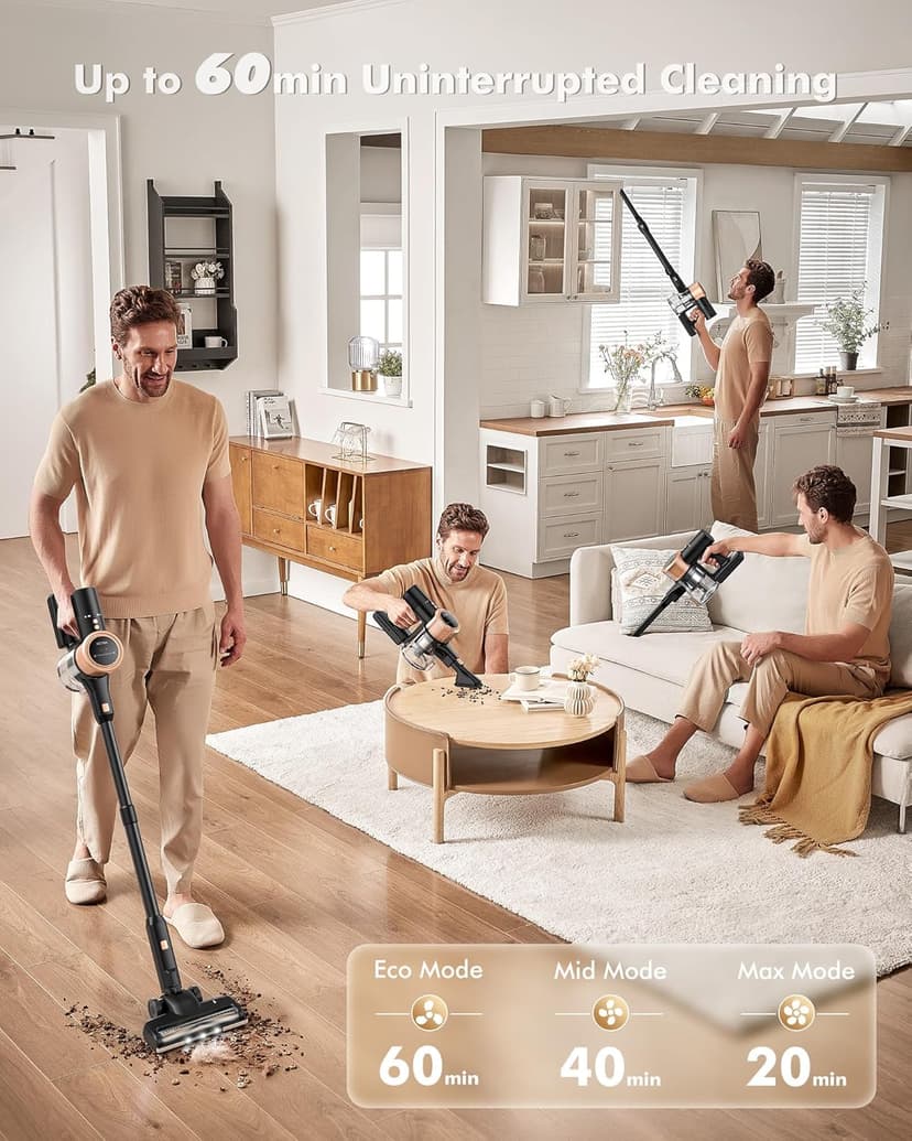 48kPA Cordless Vacuum Cleaner, 190AW Powerful Suction, Max 60min Runtime, 4000mAh Large Battery, Anti Hair Wrap Stick Vacuum, Vacuum Cleaners for Home, Pet Hair, Hard Floors and Carpets, Cars
