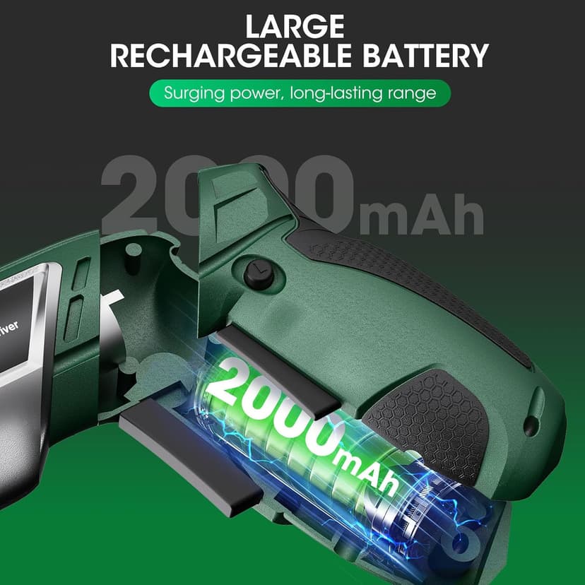 Electric Screwdriver Cordless Set, 3.6V Power Screwdriver Rechargeable with Light, Green Screw Gun with Pivoting Handle and Drill, 49 Pcs Accessories, 6+1 Torque Setting, 2000 mAh Battery