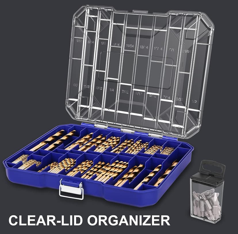 276pc Titanium Twist Drill Bit Set with S2 Bits 135° Tip High Speed Steel, Size from 1/16" up to 1/2", Ideal in Wood Cast Iron Aluminum Alloy Plastic Fiberglass, Clear Lid Case