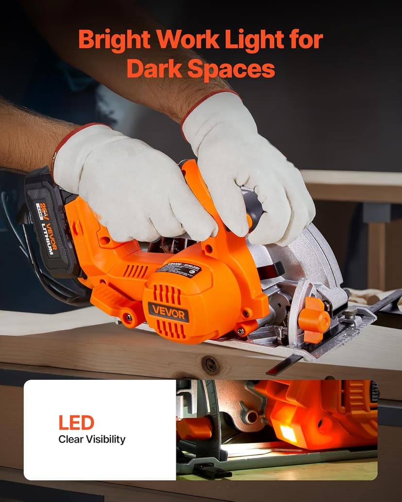 VEVOR Cordless Circular Saw, 6-1/2 inch Blade, 4700 RPM Speed, 0-45 Degree Bevel Capability, Brushless Motor, LED Light, Electric Circular Saw Kit with Battery and Charger Included, for Wood Cutting