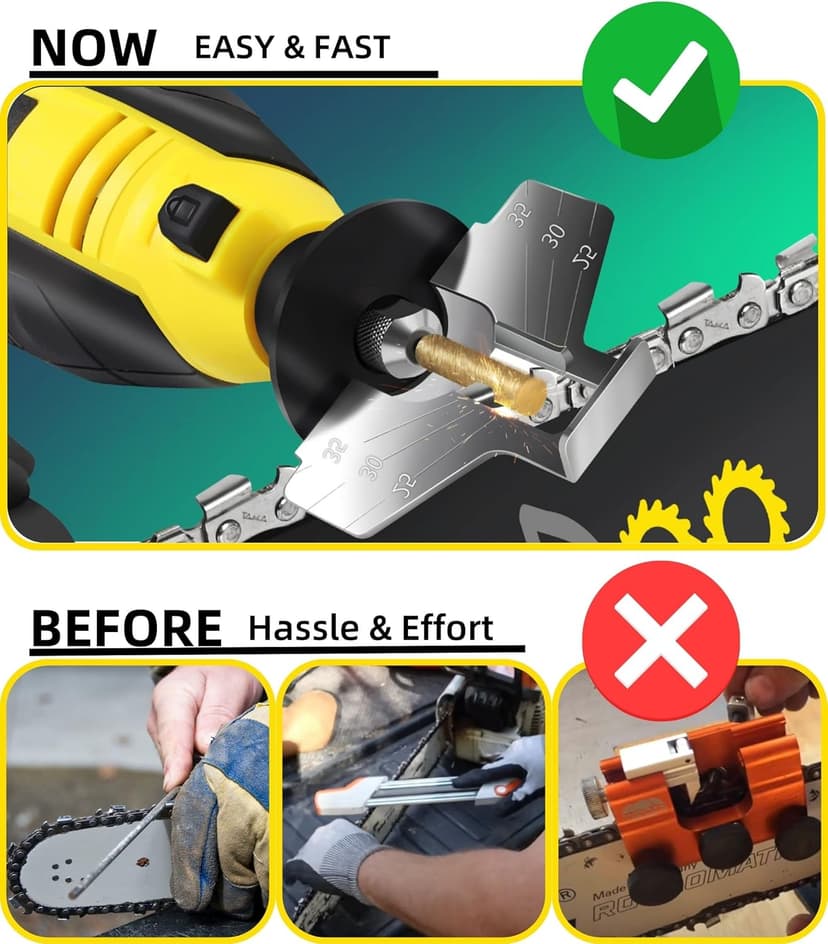 Electric Chainsaw Sharpener Kit with TITANIUM-COATED Diamond Bits - High-Speed Chain saw Sharpener Tool and 6 High Hardness Sharpening Wheels For All Chainsaw Chains.