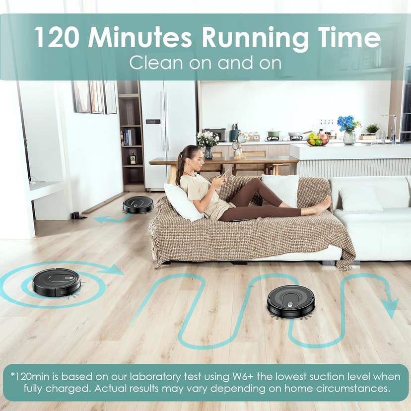 W6+ Robot Vacuum Cleaner,2800Pa Suction,720ml Large Capacity,120 Mins Runtime,Self-Charging Slim Robotic Vacuums,APP/Voice/Remote Control,No Entanglement Suction Port Ideal for Pet (Black)