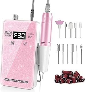 Professional Electric Nail Drill File:COSYGLOW Glitter Portable Cordless E-File Nail Drill Kit with 11 Drill Bits,30000 RPM Rechargeable Nail Drills Machine for Acrylic Nails Gel Polishing (Pink)