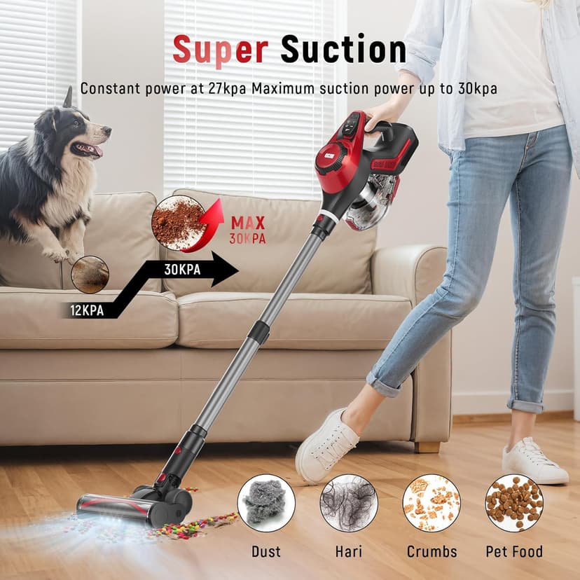 Cordless Vacuum Cleaner, 30Kpa Home Stick Vacuum, Smart Display & 1.5L Dust Cup, 55mins Max Runtime, Rechargeable Lightweight Handheld Vavuum for Pet Hair/Carpet/Hardwood Floor/Car (Metallic Red)
