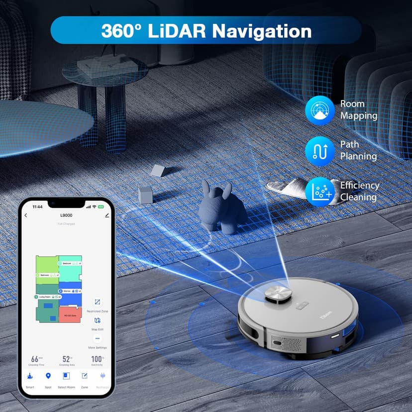 Tikom Robot Vacuum and Mop with LiDAR Navigation L9000, 4000Pa Robotic Vacuum Cleaner, 150Min Max, Smart Mapping, Good for Pet Hair, Carpet, Hard Floor