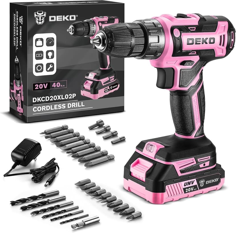 Power Drill Cordless: DEKO PRO Pink Cordless Drill 20V Electric Power Drill Set Tool for Women Drills with Battery and Charger 20 Volt Drills Driver Kit