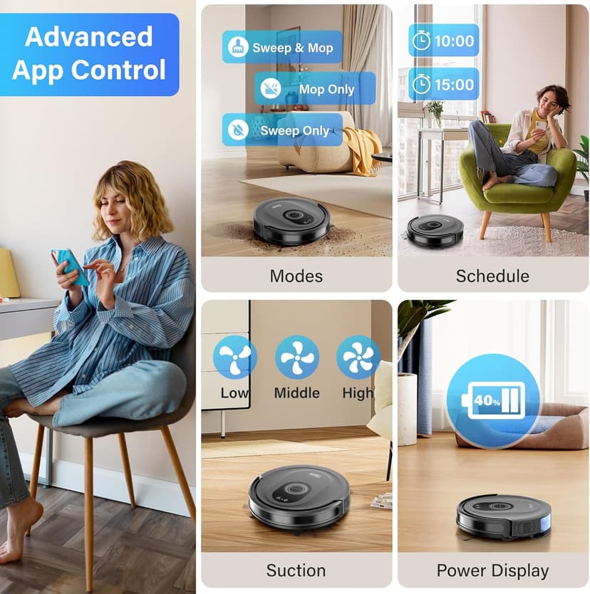 Tikom Robot Vacuum and Mop Combo, 5000Pa Robotic Vacuum Cleaner, 150 Min Max, App & Remote Control, Idear for Hard Floor, Carpet, Pet Hair, Self-Charge(G8000 Max)