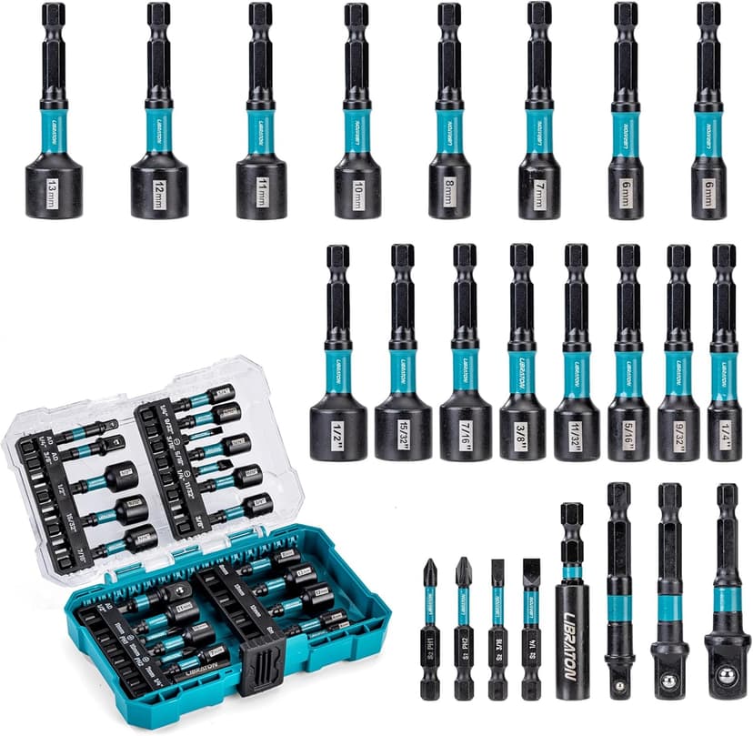 LIBRATON 24PCS Magnetic Nut Driver Set, Impact Drill Driver Bit Set 1/4", Metric and SAE Nut Drivers for Impact Drill, Impact Socket Adapters, Screwdriver Bits, Bit Holder, with Black Phosphating