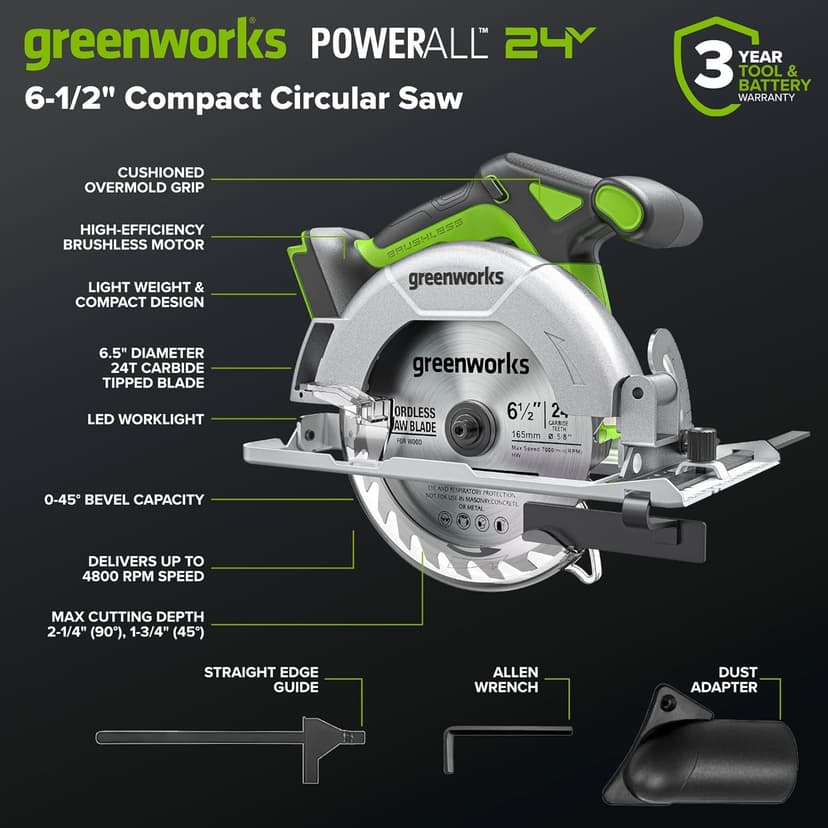 Greenworks 24V Cordless Brushless 400 in-lbs Drill/Driver + 6.5" Circular Saw, 4,800 RPM, Cutting Depth 45°/90° (2) 2.0Ah USB-C Batteries(12,000mAh Power Bank) and 65W USB-C Fast Charger(3-Port)