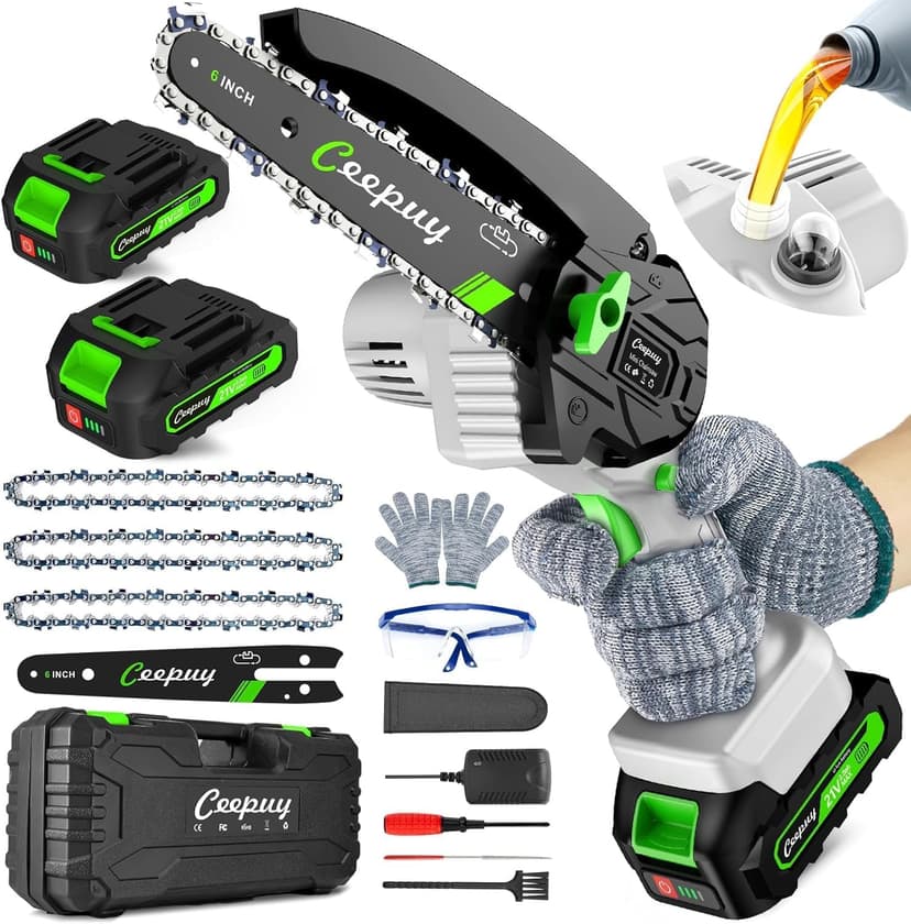 Mini Chainsaw Cordless,6 Inch Portable Electric Chainsaw with Automatic Oiler/Security Lock/Battery Powered Small Handheld Saw for Trees Branches Trimming,Wood Cutting,2 Batteries 3 Chains 2025