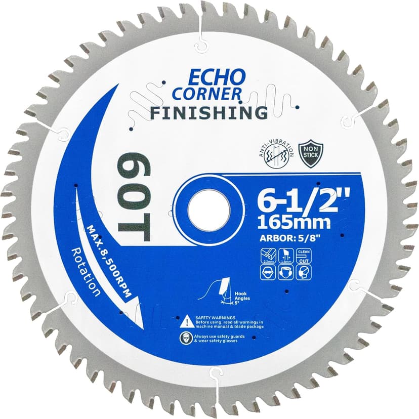 6-1/2 Inch Ultra Finish Circular Saw Blade 60T, Non-Stick Coating, for Wet Lumber, Composite Decking, Plywood, Plastic, Veneer, Laminate