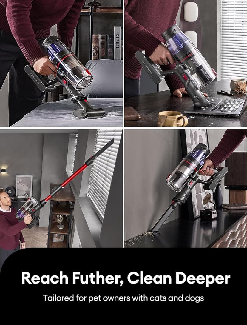 Ultenic Cordless Vacuum Cleaner, 550W/50Kpa, 60Mins Runtime, 180°Bendable Wand, Anti-Tangle Brush, Stick Vacuum Cordless with Charging Dock, Handheld Vacuum for Pet Hair/Carpet/Floor/Car, U16 Flex