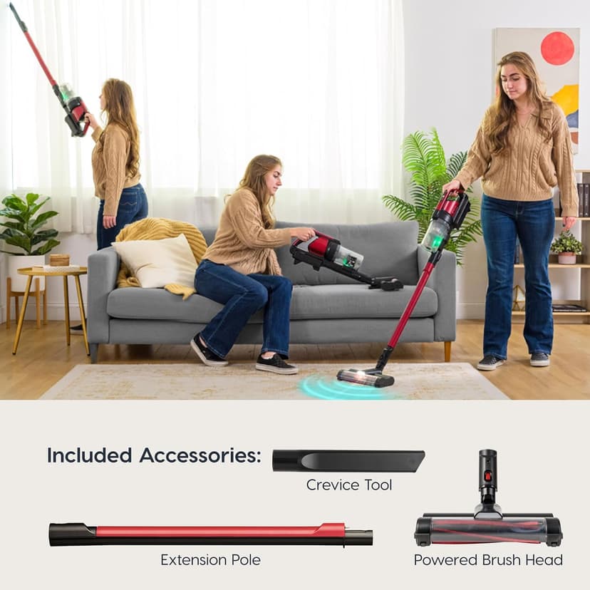 Cordless Vacuum Cleaner, 11-inch Powerhead, Self-Standing Design, Fast Charging, 50-Minute Runtime, LED Dust Sensor, Red