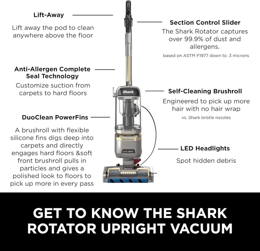 Shark | Upright Vacuum Cleaner for Home | Rotator Lift-Away | No Hair Wrap | HEPA Filter | Lightweight Bagless Vacuum for Pet Hair | LED Headlights For Carpets & Hardwood Floors | Silver | LA502