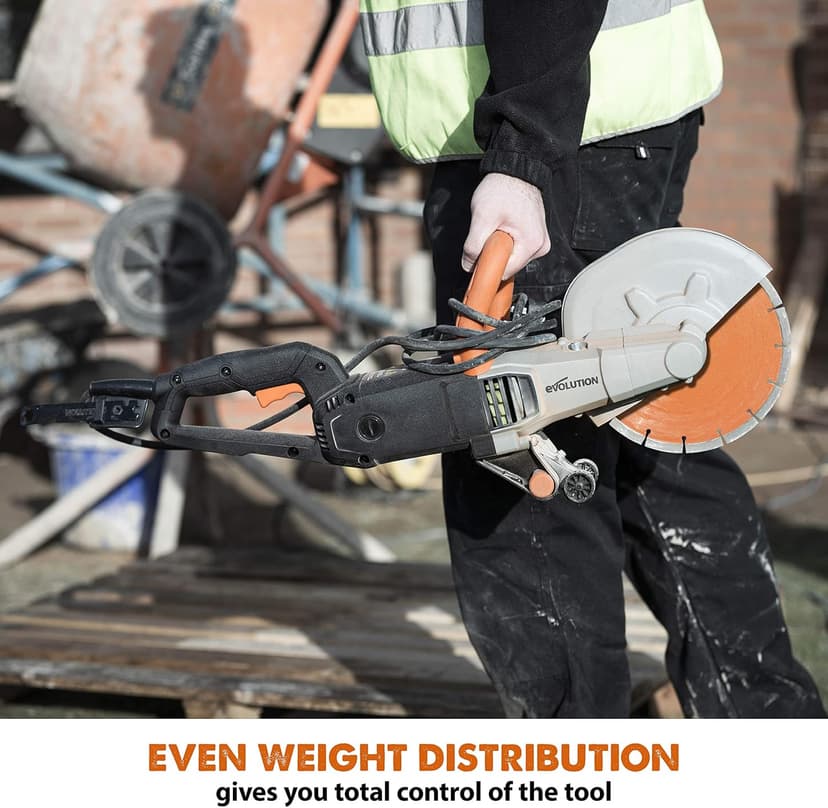 Evolution R255DCT - 10 In Concrete Saw (Aka Circular, Angle Grinder, Chop Saw, Cut Off, Demo, Disc Cutter, Power Cutter) - 15A Motor, No Gas - 4-1/16 In Cut - Incl Premium Diamond Blade