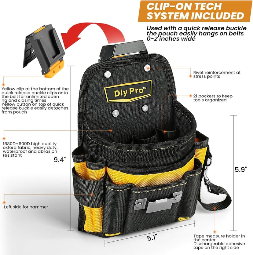 Tool Pouches, Tool Belt Pouch, Electrician Tool Pouch, Quickly Attach & Release Tool Belt Pouch with Clip, Tool Bag Multi-Pocket, Heavy Duty Tool Pouches for Carpenters & Home Improvement