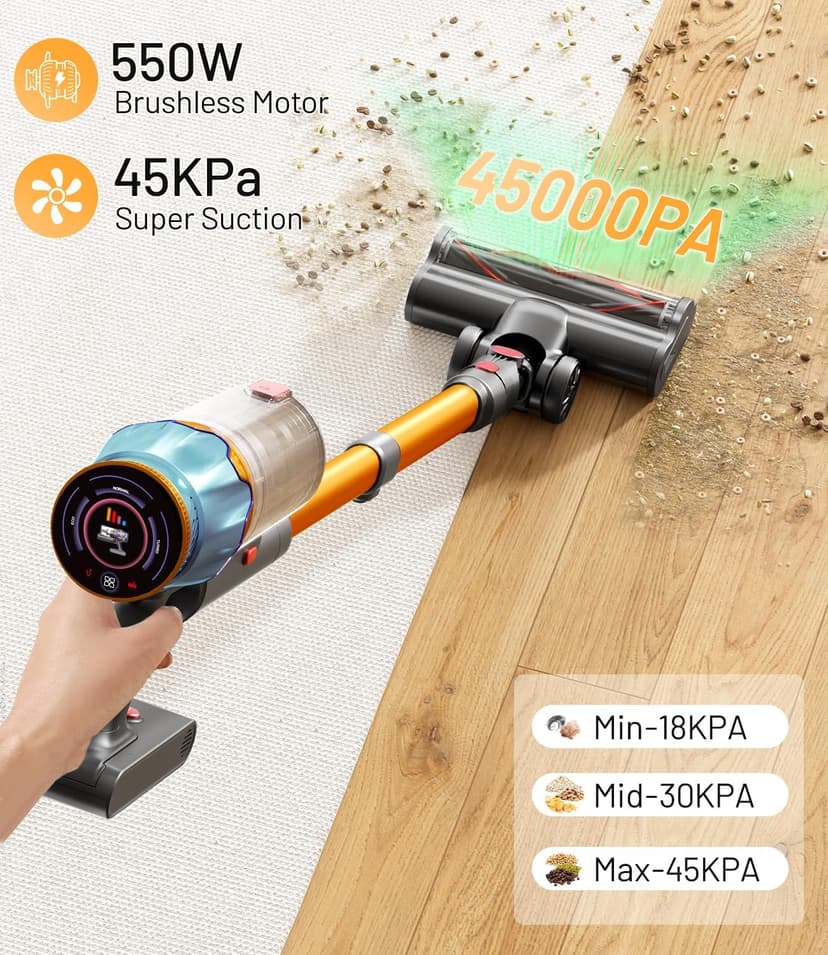 Cordless Vacuum Cleaner, 45Kpa/550W Stick Vacuum with Touch Screen, Max 65Mins Vacuum Cleaners for Home, Upgraded Green Light & Anti-Tangle Wireless Vacuum for Pet Hair/Carpet/Hardwood Floor
