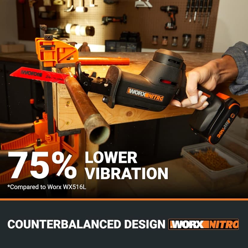 WORX 20V Cordless Reciprocating Saw for Wood, 1" Stroke Length, Brushless Motor, Lightweight Design WX501L