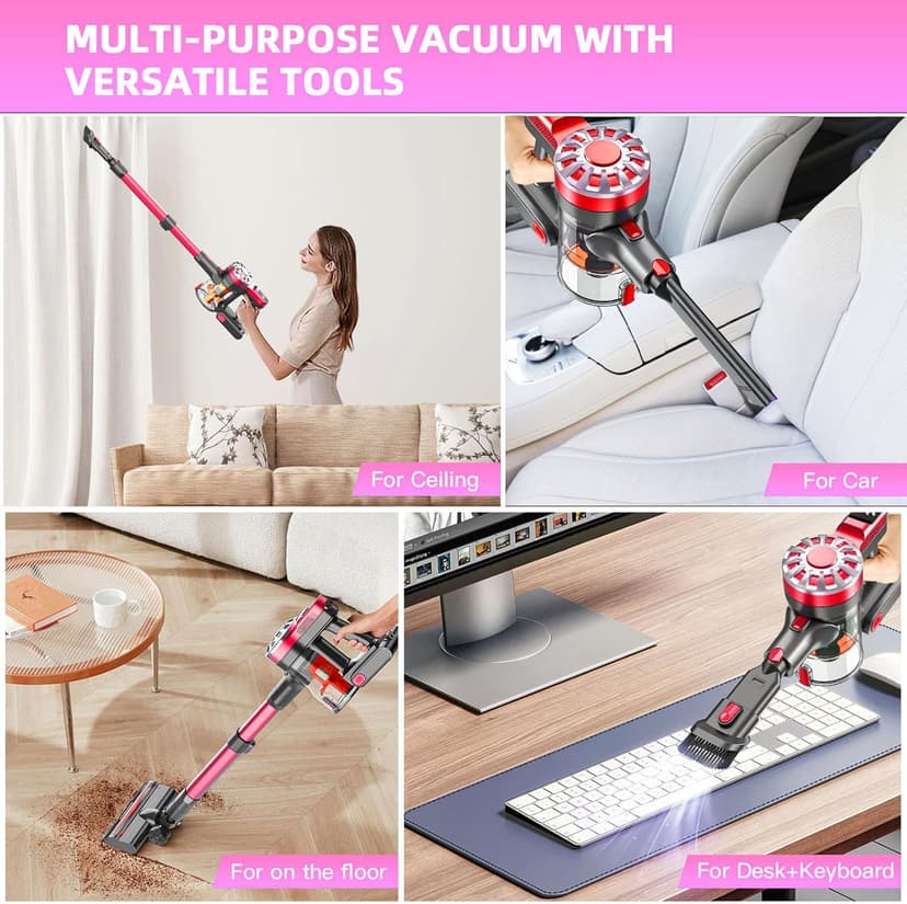 Cordless Vacuum Cleaner,Vacuum Cleaners for Home with Super Suction,Stick Vacuum Cleaner Rechargeable Up to 35 Mins Runtime,Lightweight Hardwood Floor Vacuum for Pet Hair,Carpet(Red)