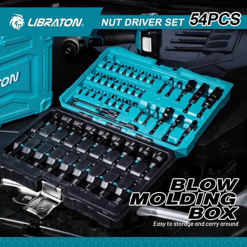 LIBRATON 54PCS Magnetic Nut Driver Set, Impact Drill Driver Bit 1/4", Metric & SAE Nut Drivers for Impact Drill, Socket Adapters, Screwdriver Bit, Quick-Release Extension, Wing Nut Driver, Storage Box
