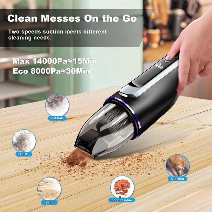 Handheld Vacuum Cordless - Car Vacuum with Brushless Motor & 14000Pa Powerful Suction, 1.2lbs Lightweight, LED Light, Slim Mini Vacuum Cleaner for Car Home Office Pet
