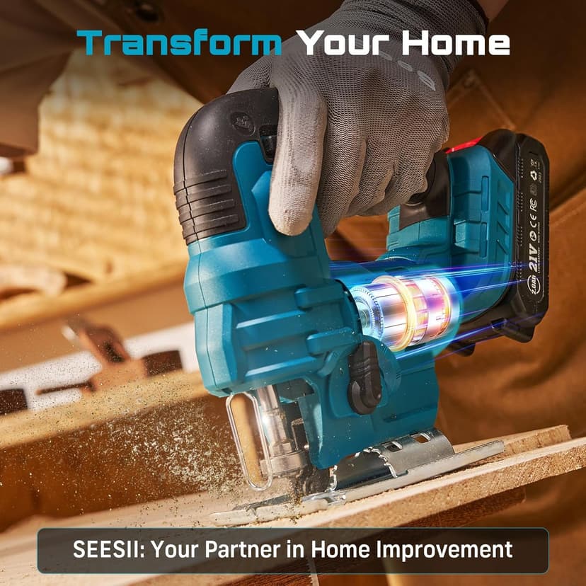 SEESII Cordless Jig Saw 21V, Electric Jigsaw Tool with 2× 2.0Ah Batteries, 2800RPM Variable Speed for Wood Cutting, 0°-45° Bevel Cuts, LED Light, 4 Orbital Settings for Straight/Curve/Circle Cutting